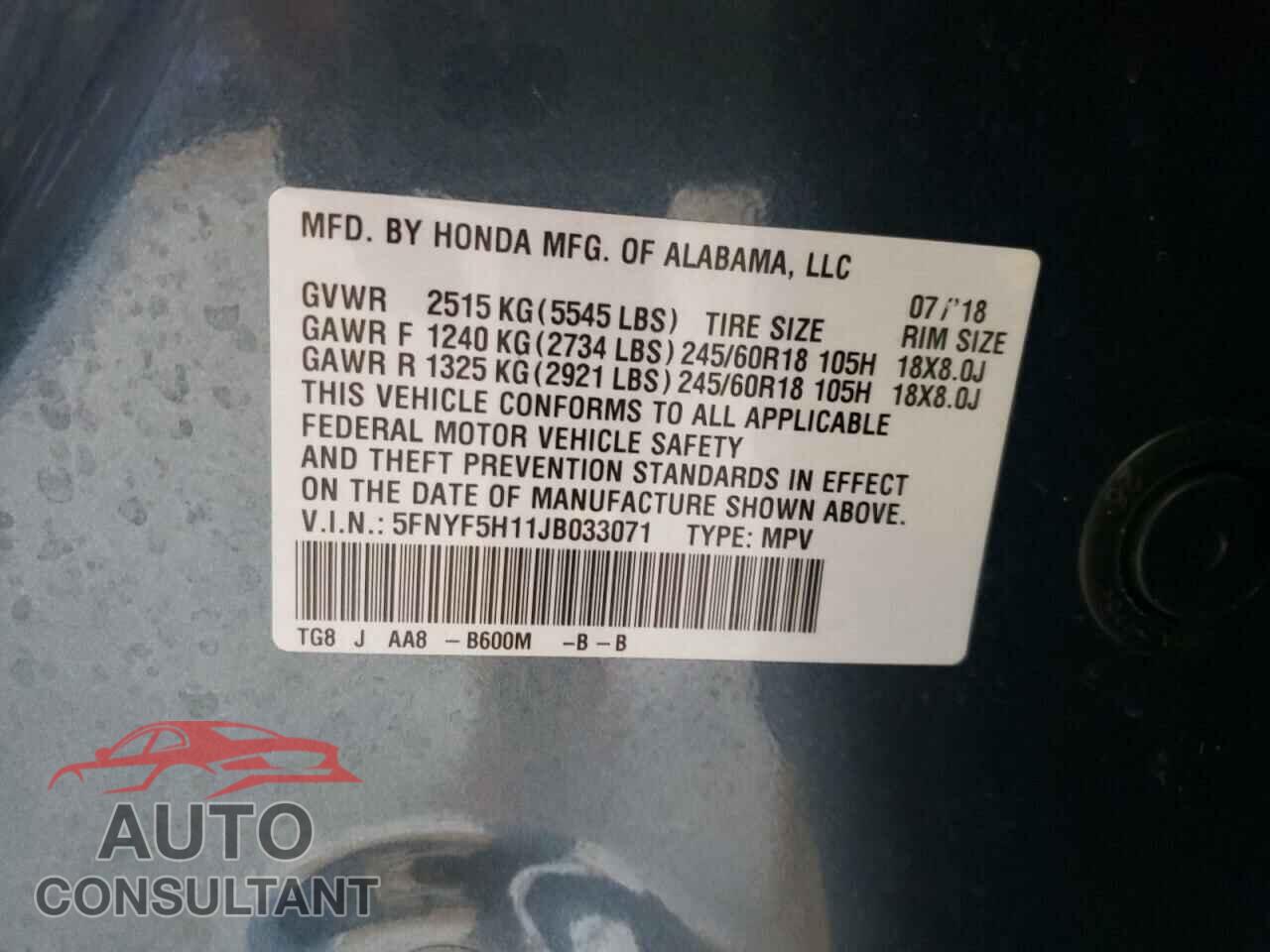 HONDA PILOT 2018 - 5FNYF5H11JB033071
