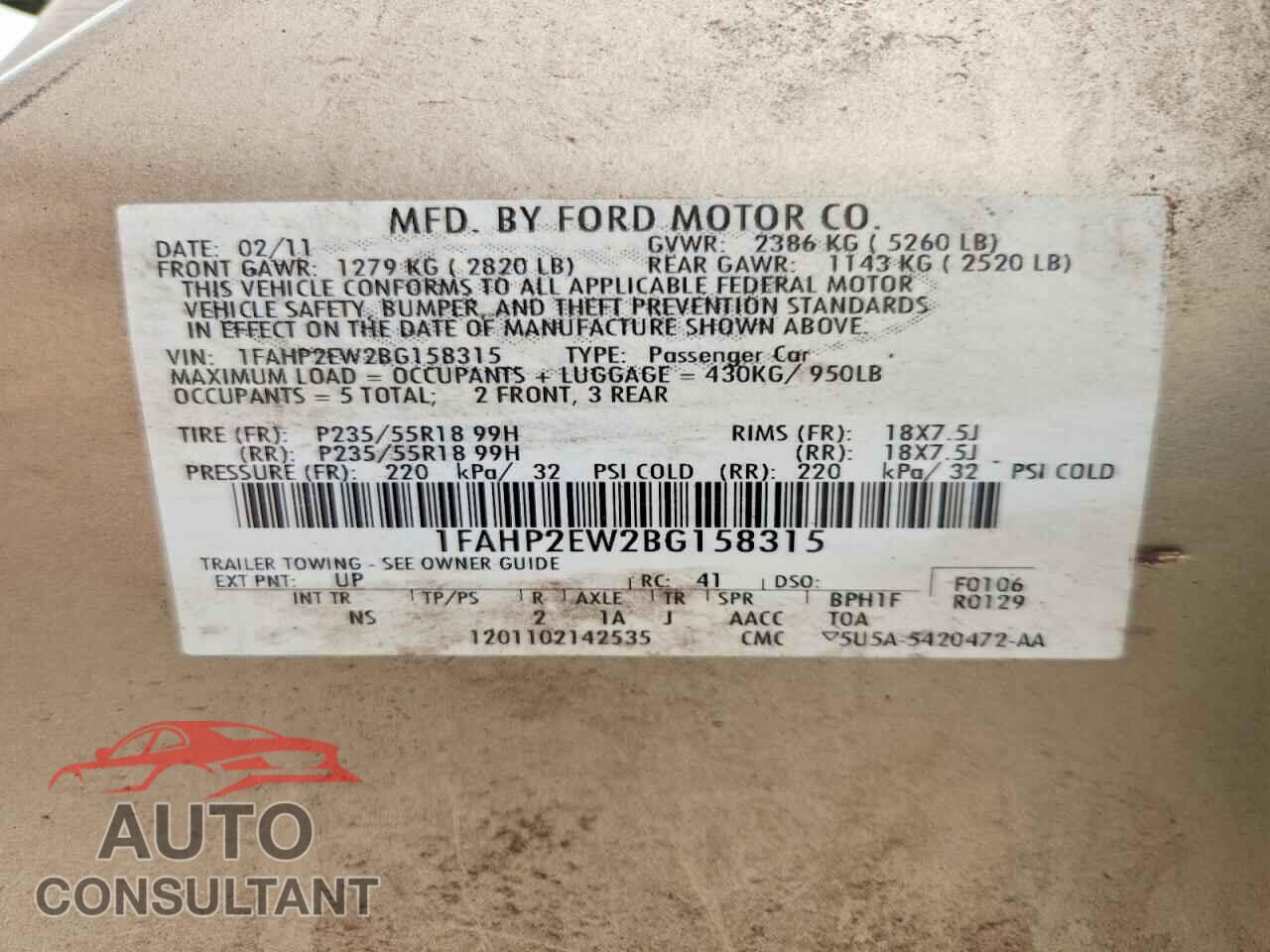 FORD TAURUS 2011 - 1FAHP2EW2BG158315