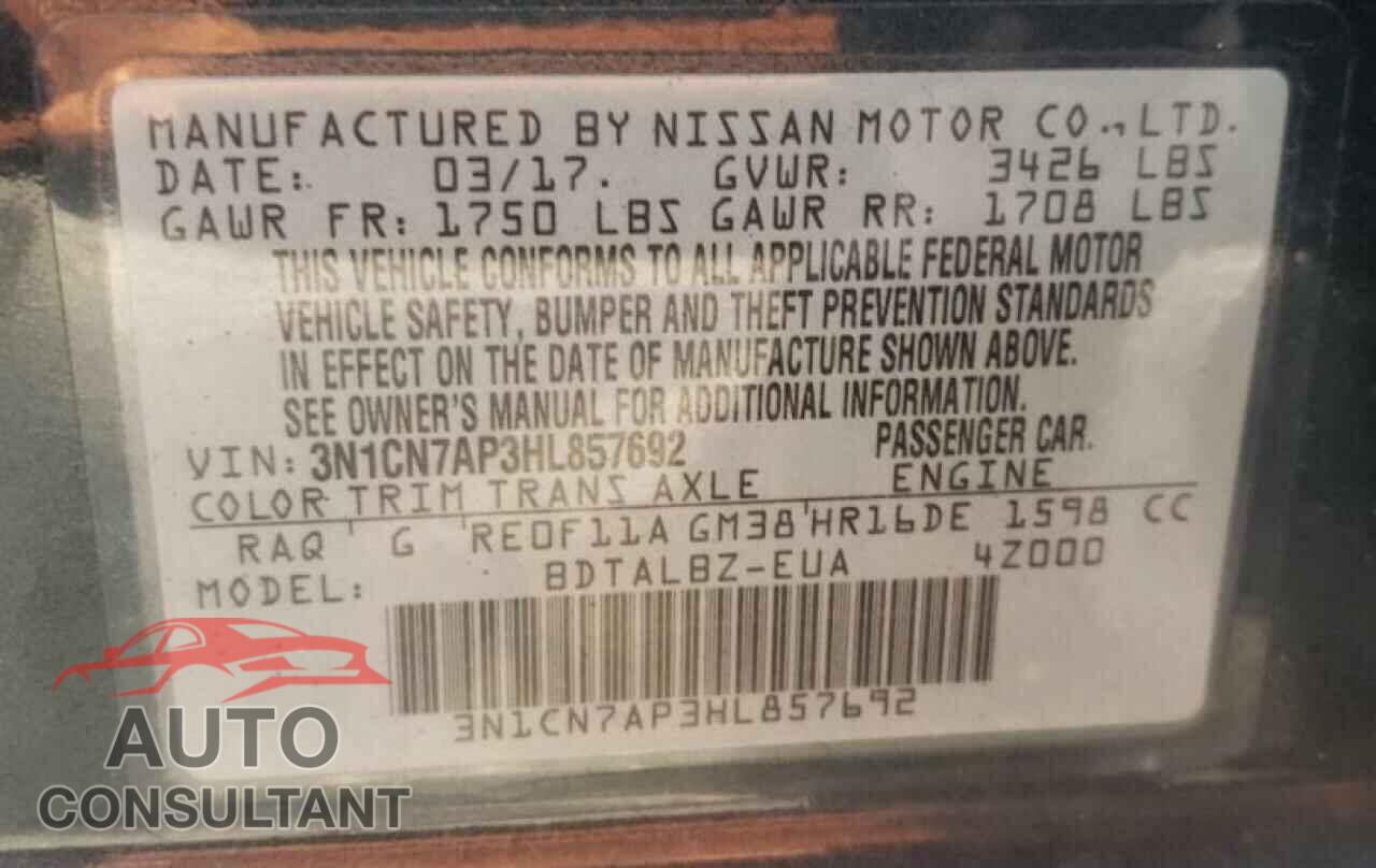 NISSAN VERSA 2017 - 3N1CN7AP3HL857692
