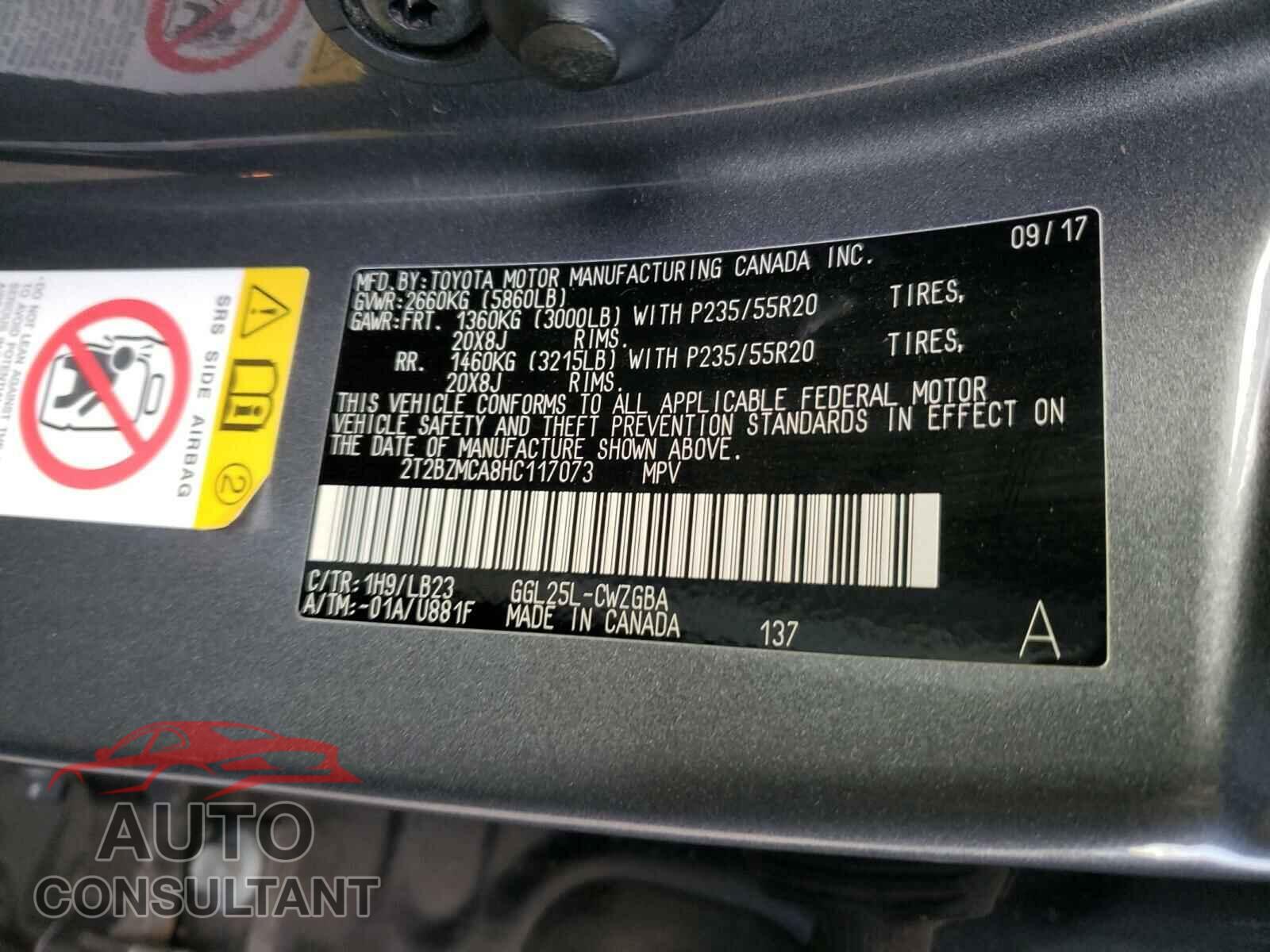 LEXUS RX 350 BAS 2017 - 2T2BZMCA8HC117073