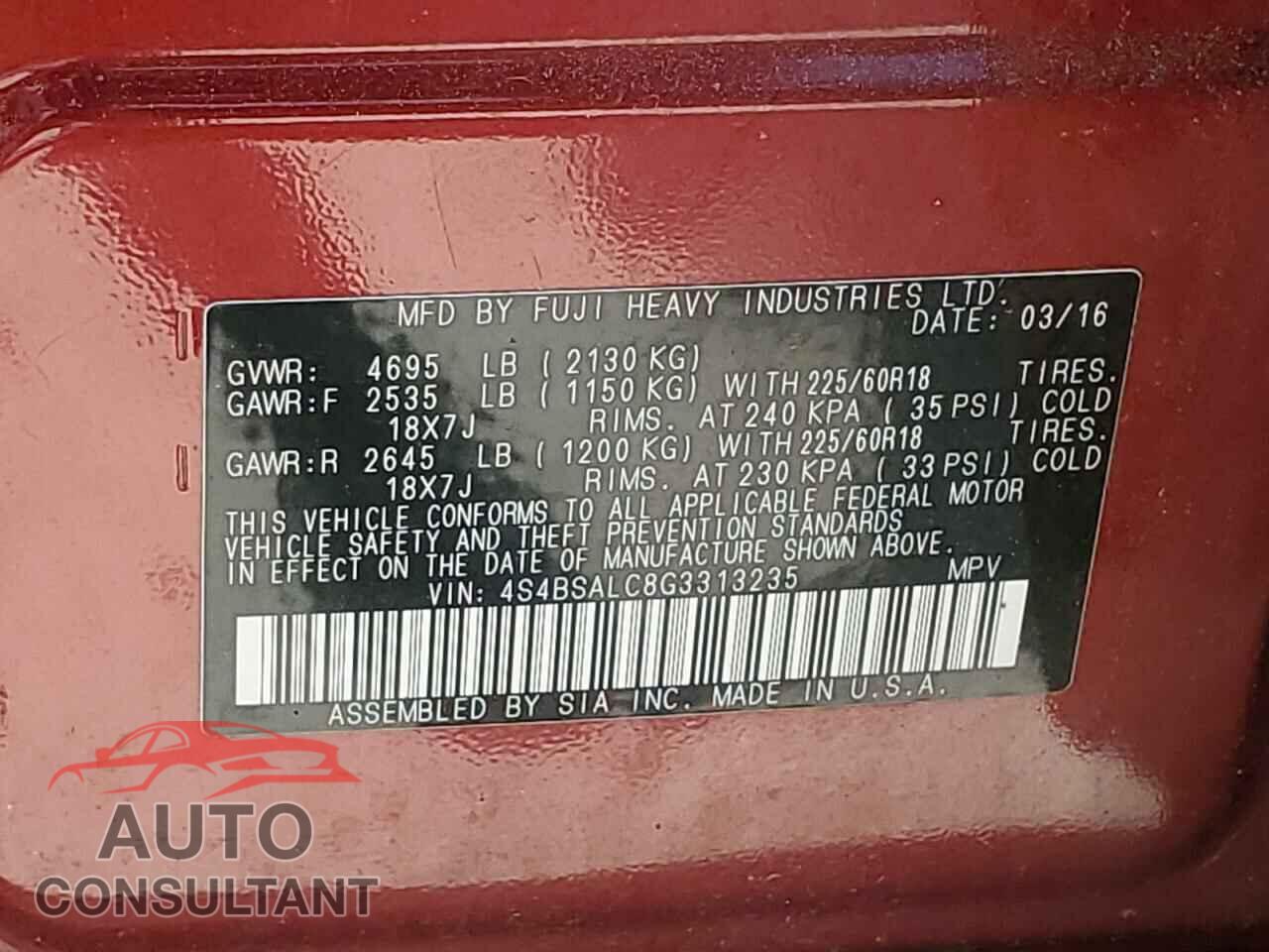 SUBARU OUTBACK 2016 - 4S4BSALC8G3313235