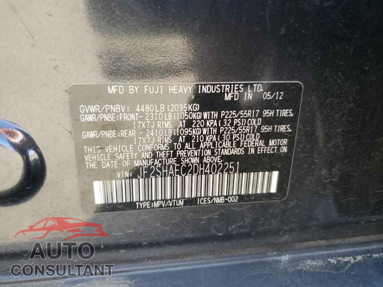SUBARU FORESTER 2013 - JF2SHAEC2DH402251