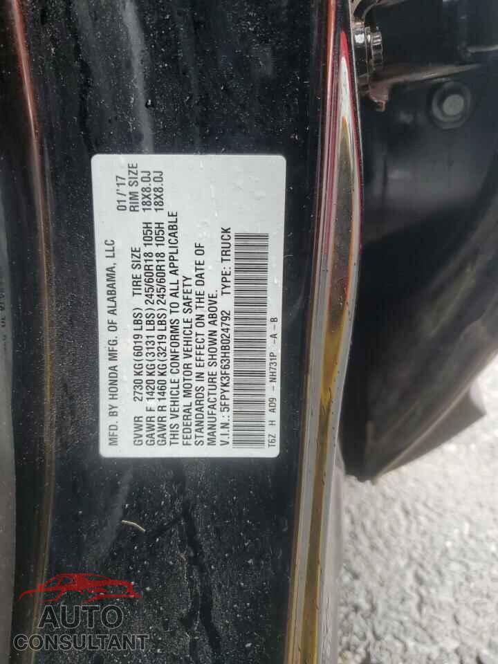 HONDA RIDGELINE 2017 - 5FPYK3F63HB024792
