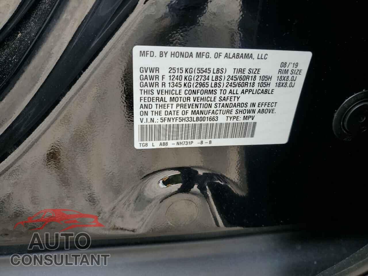 HONDA PILOT 2020 - 5FNYF5H33LB001663