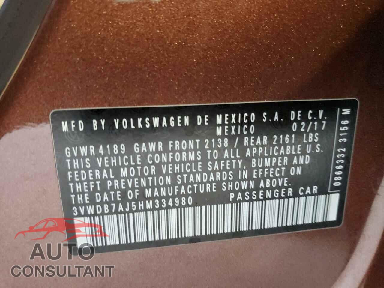 VOLKSWAGEN JETTA 2017 - 3VWDB7AJ5HM334980