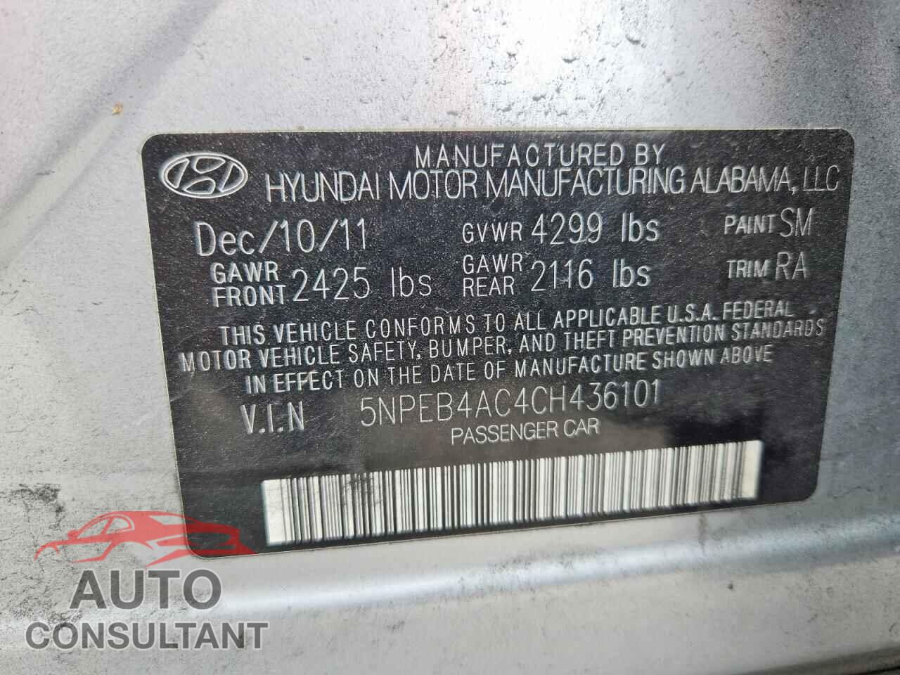 HYUNDAI SONATA 2012 - 5NPEB4AC4CH436101