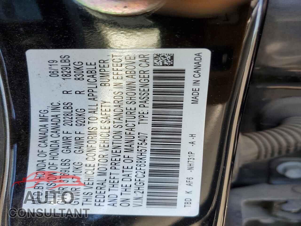 HONDA CIVIC 2019 - 2HGFC2F68KH575407