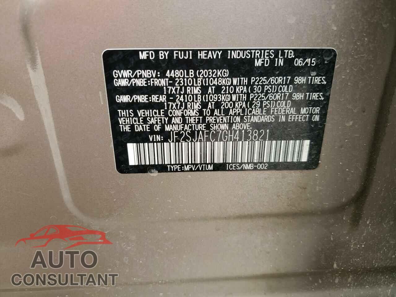 SUBARU FORESTER 2016 - JF2SJAFC7GH413821