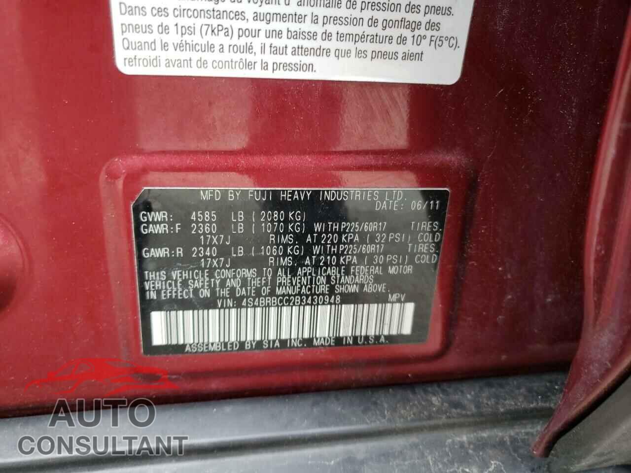 SUBARU OUTBACK 2011 - 4S4BRBCC2B3430948