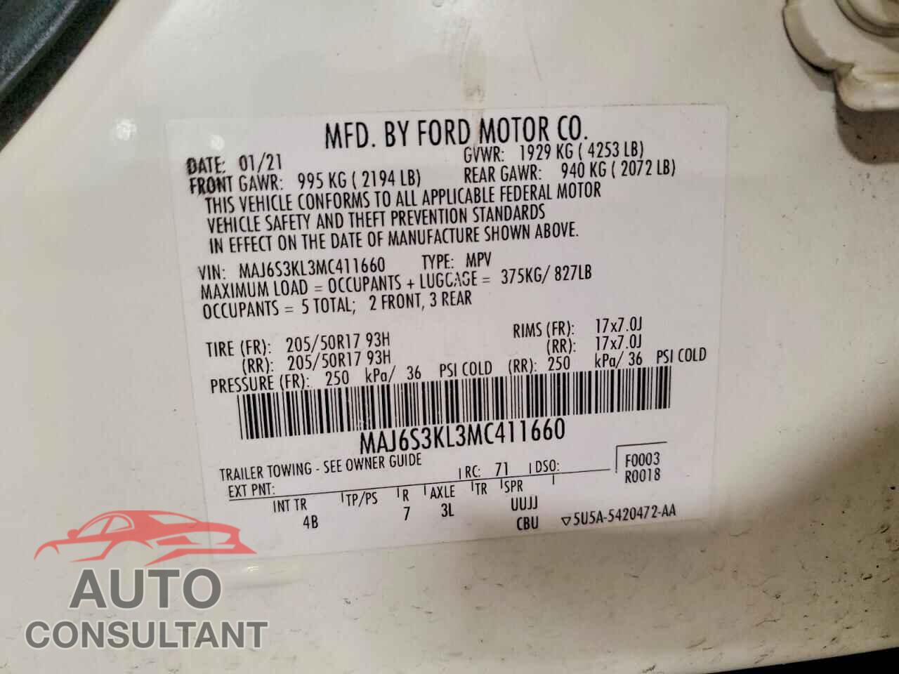 FORD ECOSPORT 2021 - MAJ6S3KL3MC411660