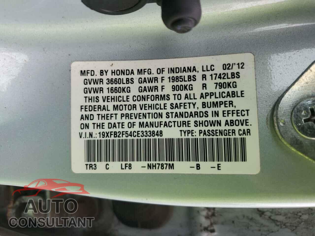 HONDA CIVIC 2012 - 19XFB2F54CE333848