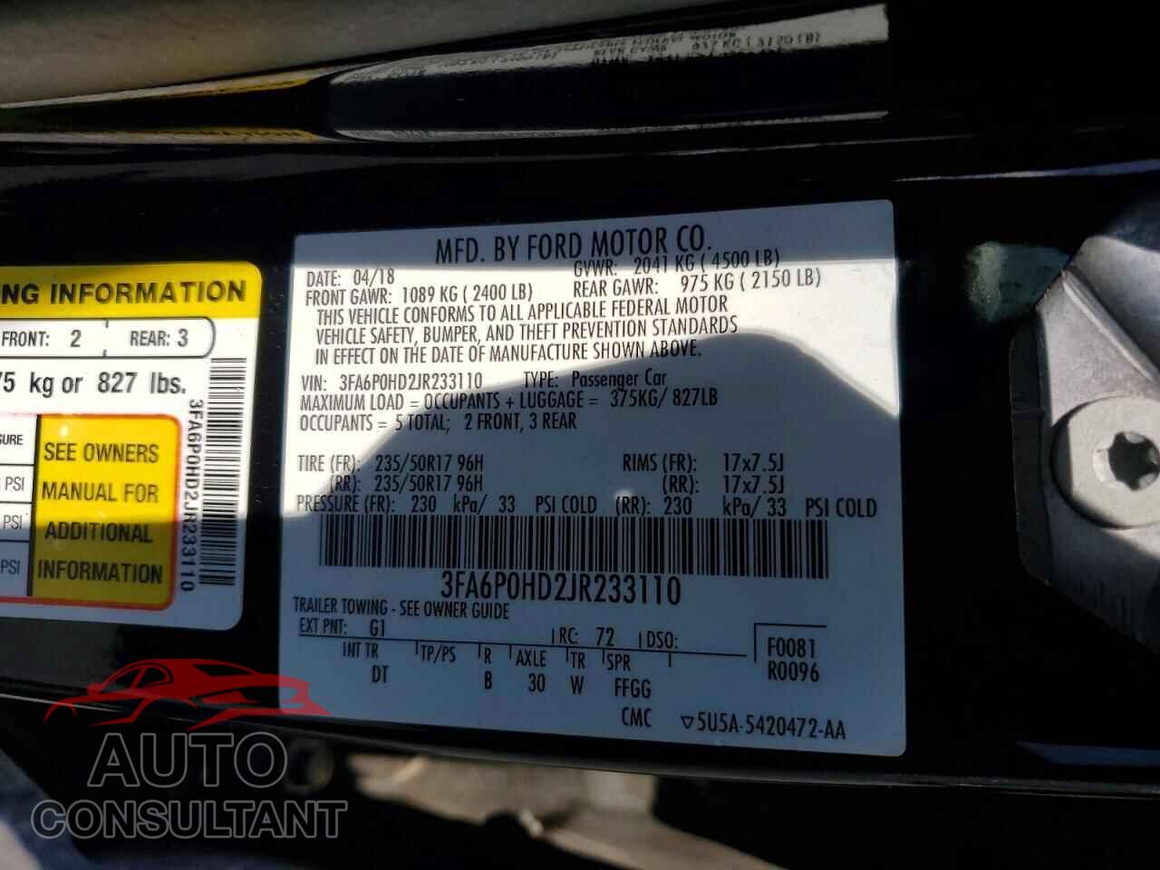 FORD FUSION 2018 - 3FA6P0HD2JR233110