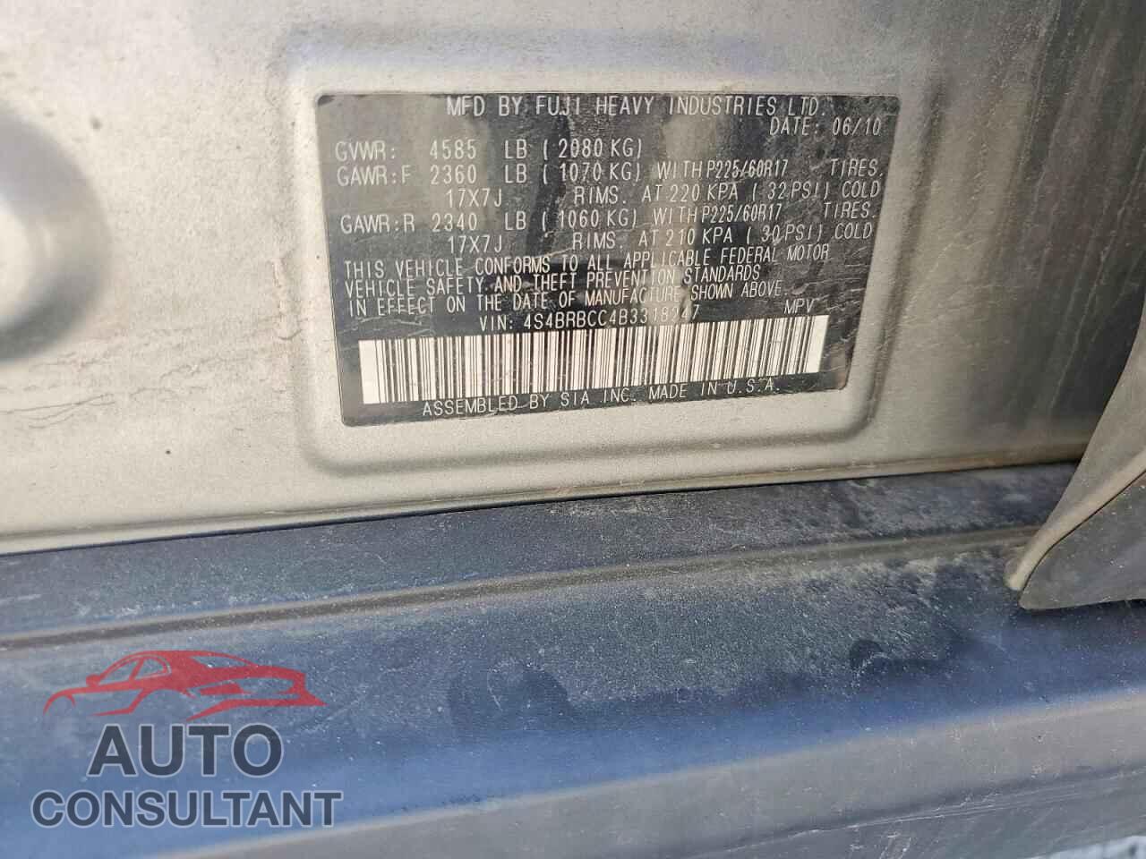 SUBARU OUTBACK 2011 - 4S4BRBCC4B3318247