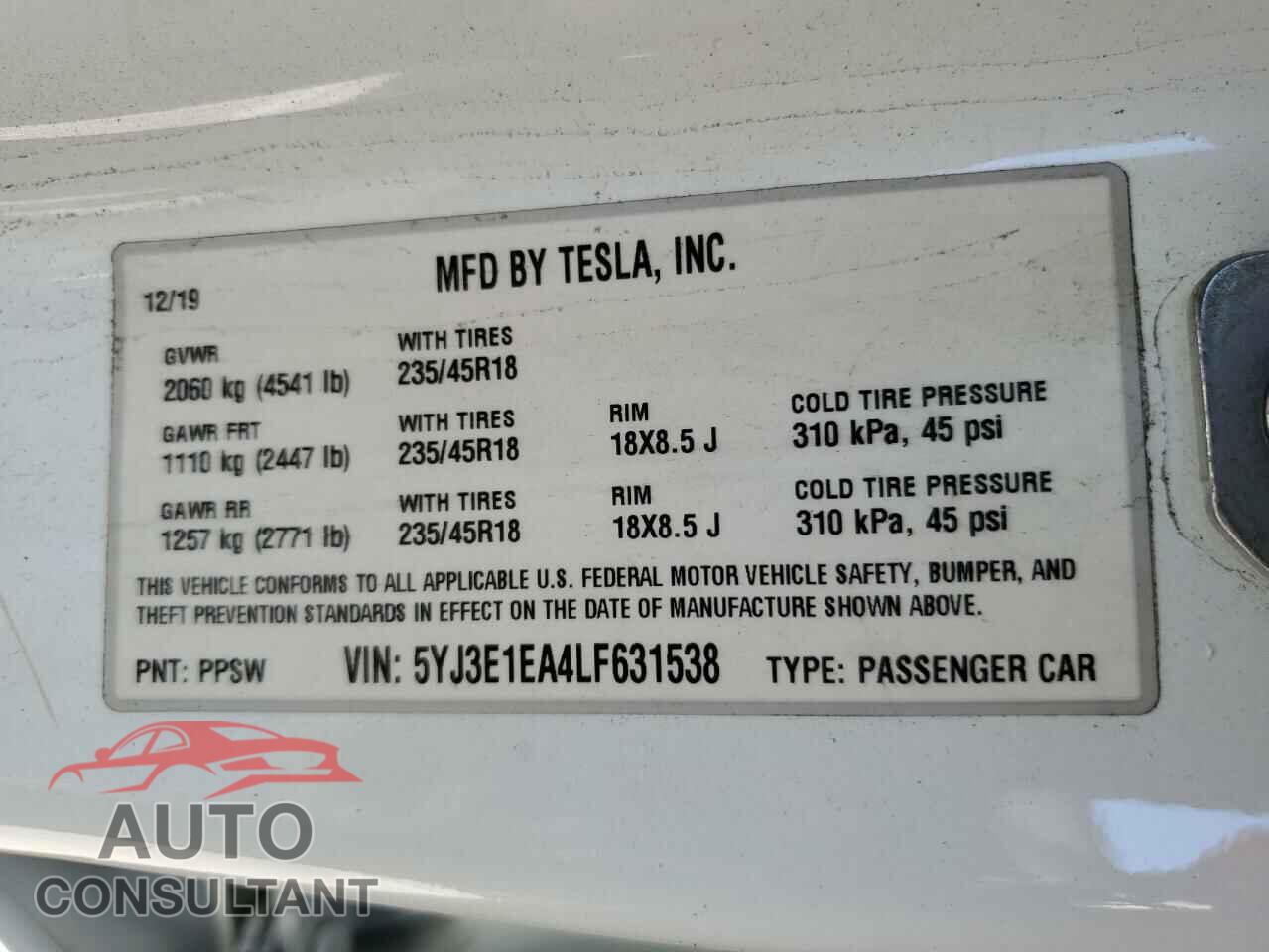 TESLA MODEL 3 2020 - 5YJ3E1EA4LF631538