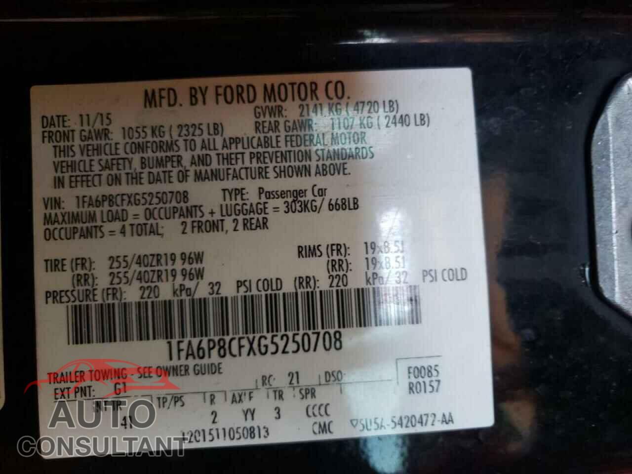 FORD MUSTANG 2016 - 1FA6P8CFXG5250708