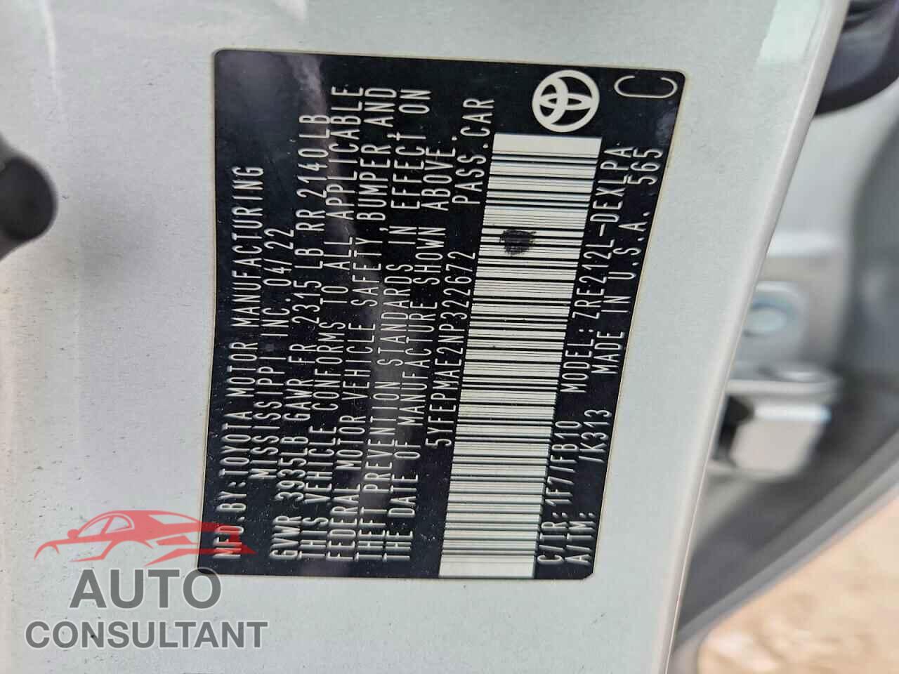 TOYOTA COROLLA 2022 - 5YFEPMAE2NP322672