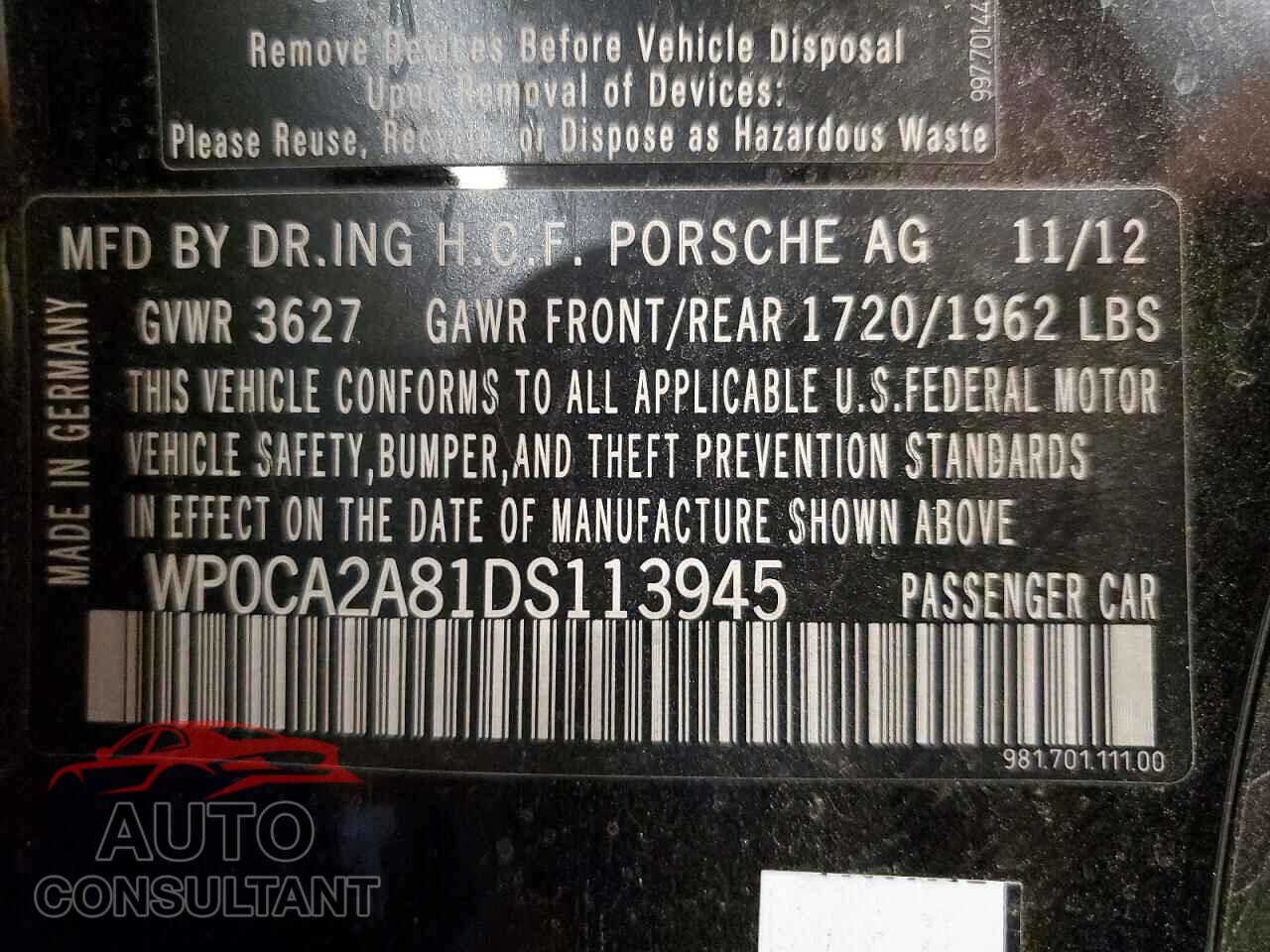 PORSCHE BOXSTER 2013 - WP0CA2A81DS113945