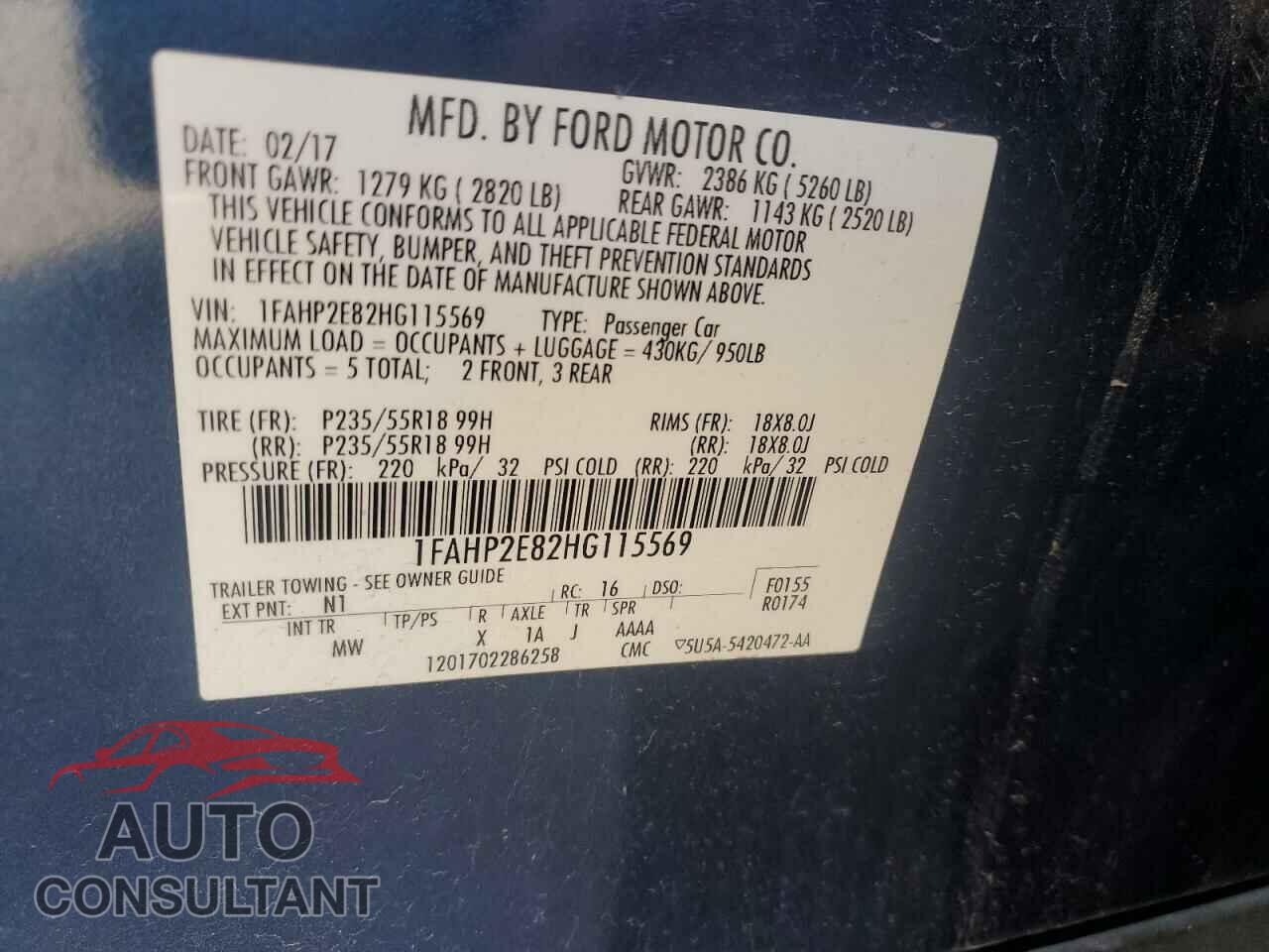 FORD TAURUS 2017 - 1FAHP2E82HG115569