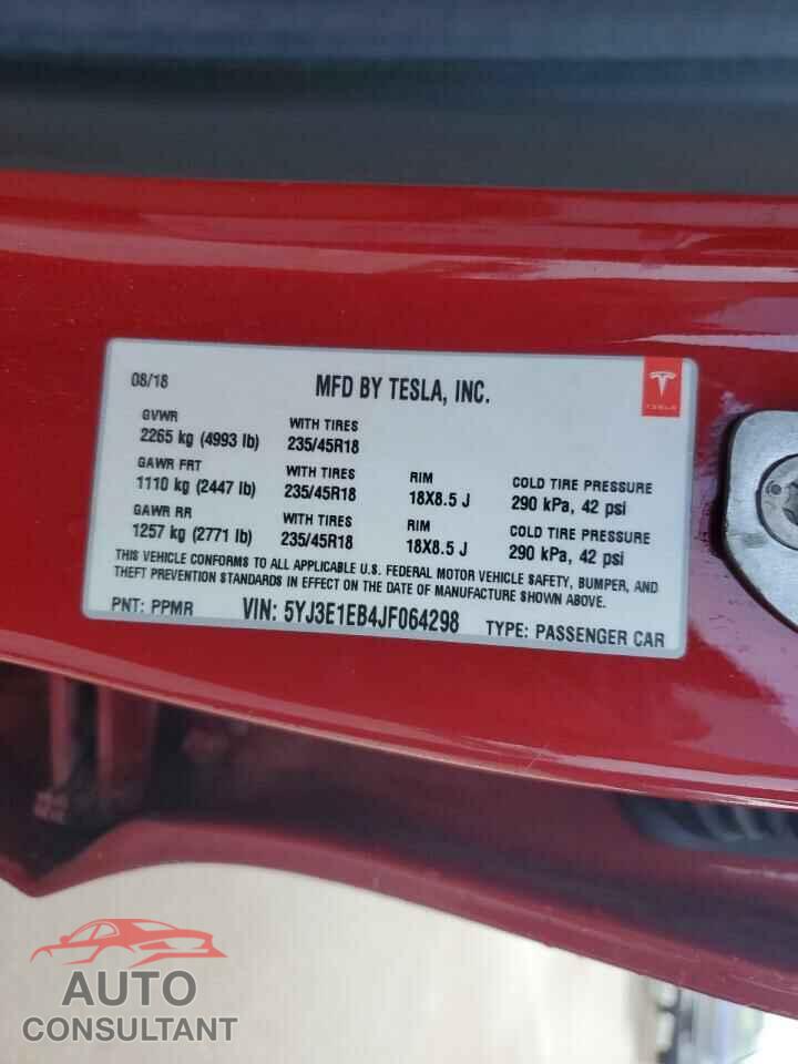 TESLA MODEL 3 2018 - 5YJ3E1EB4JF064298