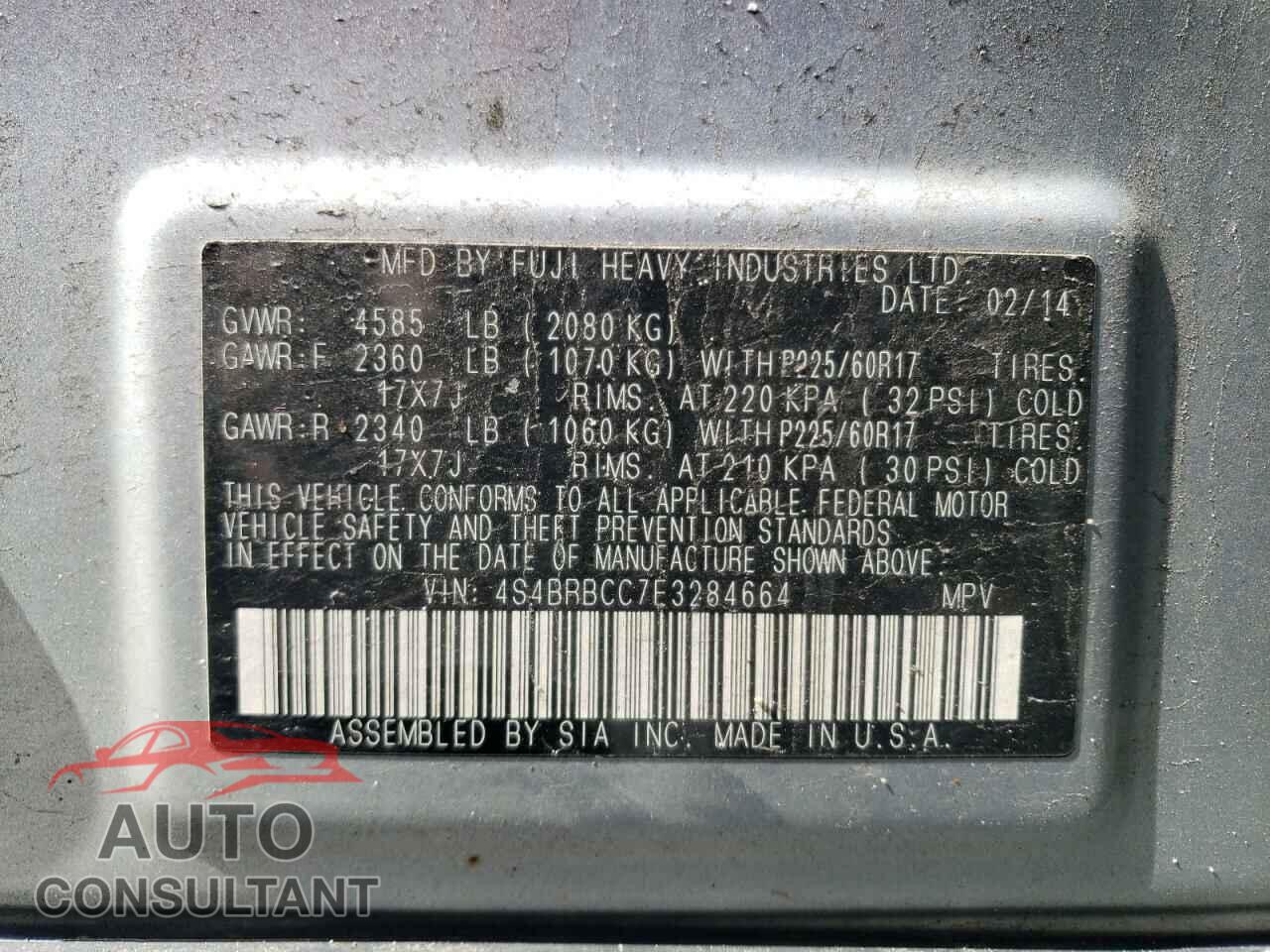 SUBARU OUTBACK 2014 - 4S4BRBCC7E3284664