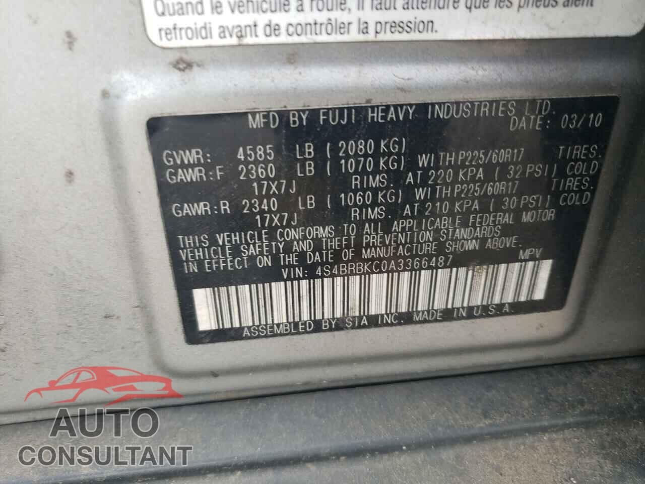 SUBARU OUTBACK 2010 - 4S4BRBKC0A3366487