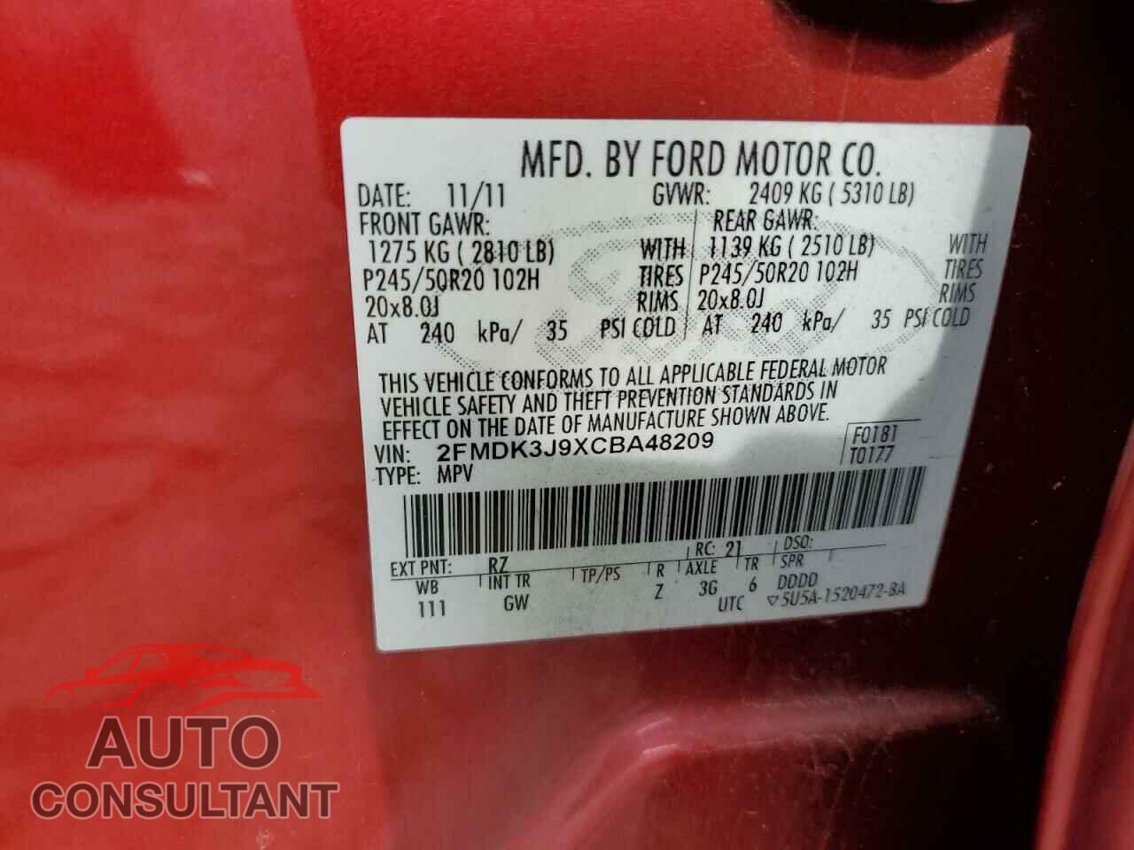 FORD EDGE 2012 - 2FMDK3J9XCBA48209