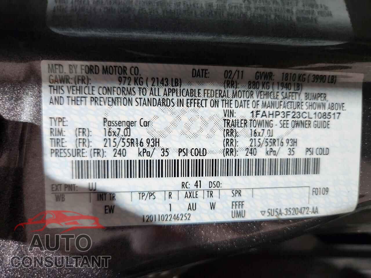 FORD FOCUS 2012 - 1FAHP3F23CL108517