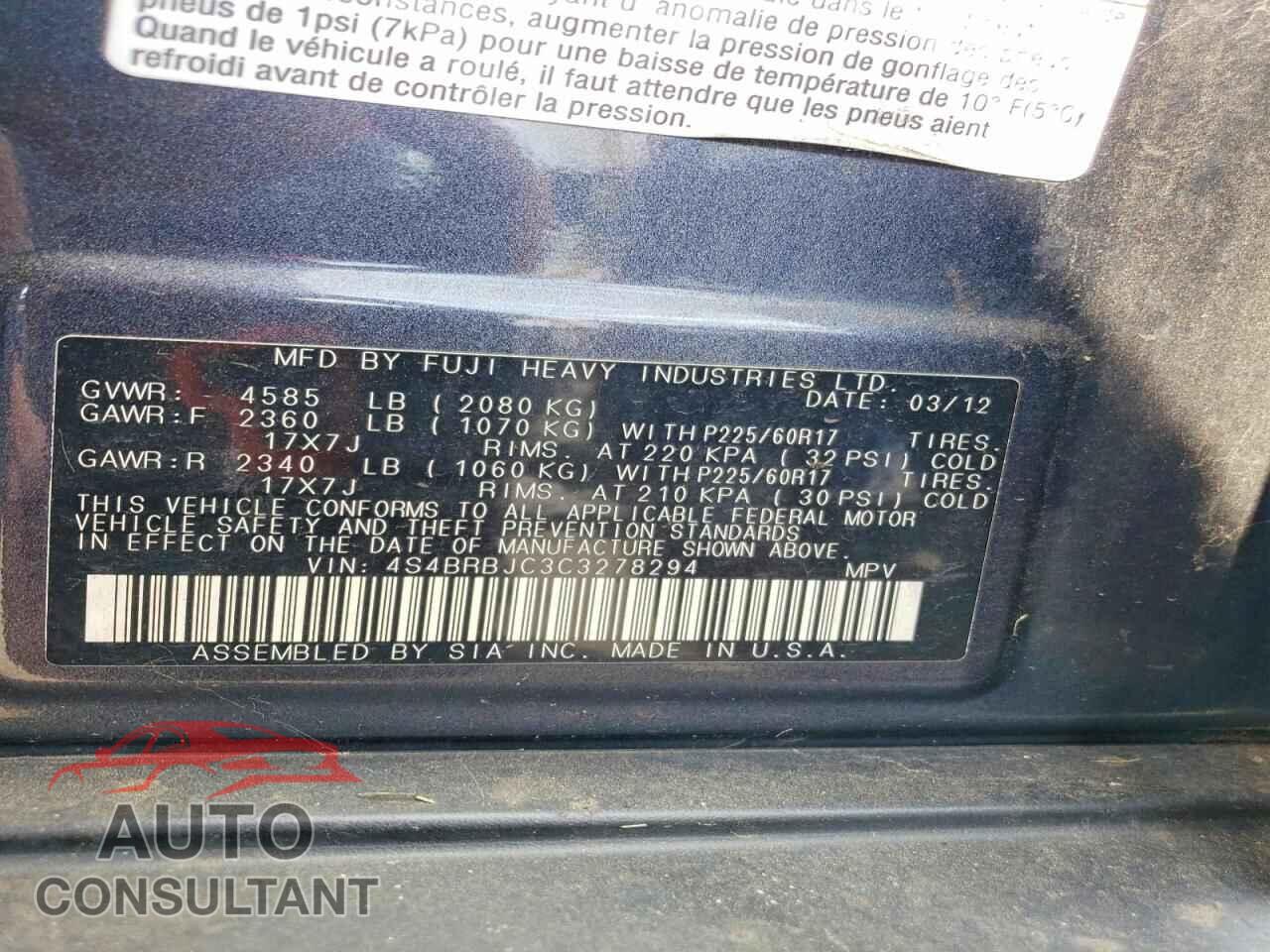SUBARU OUTBACK 2012 - 4S4BRBJC3C3278294