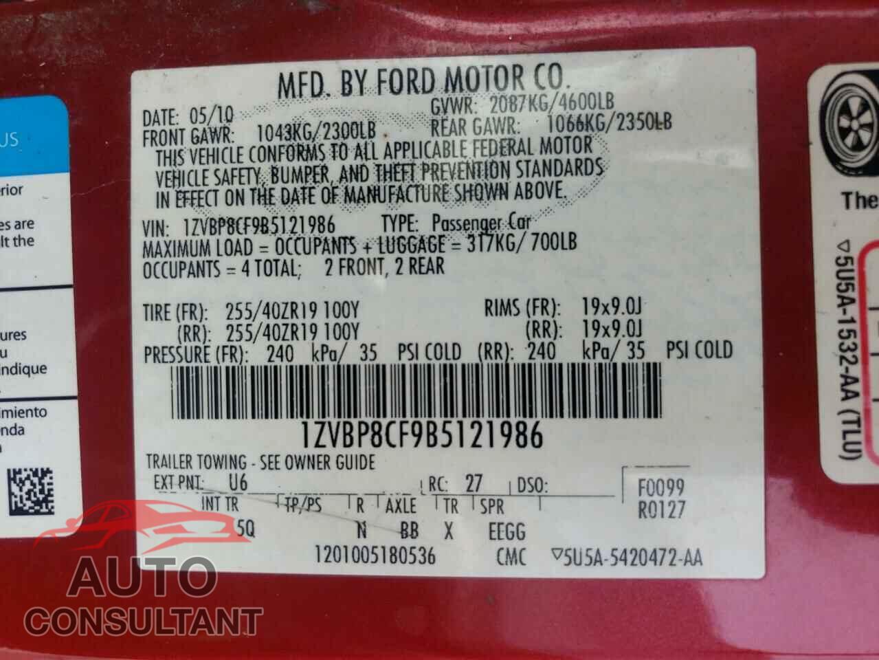 FORD MUSTANG 2011 - 1ZVBP8CF9B5121986