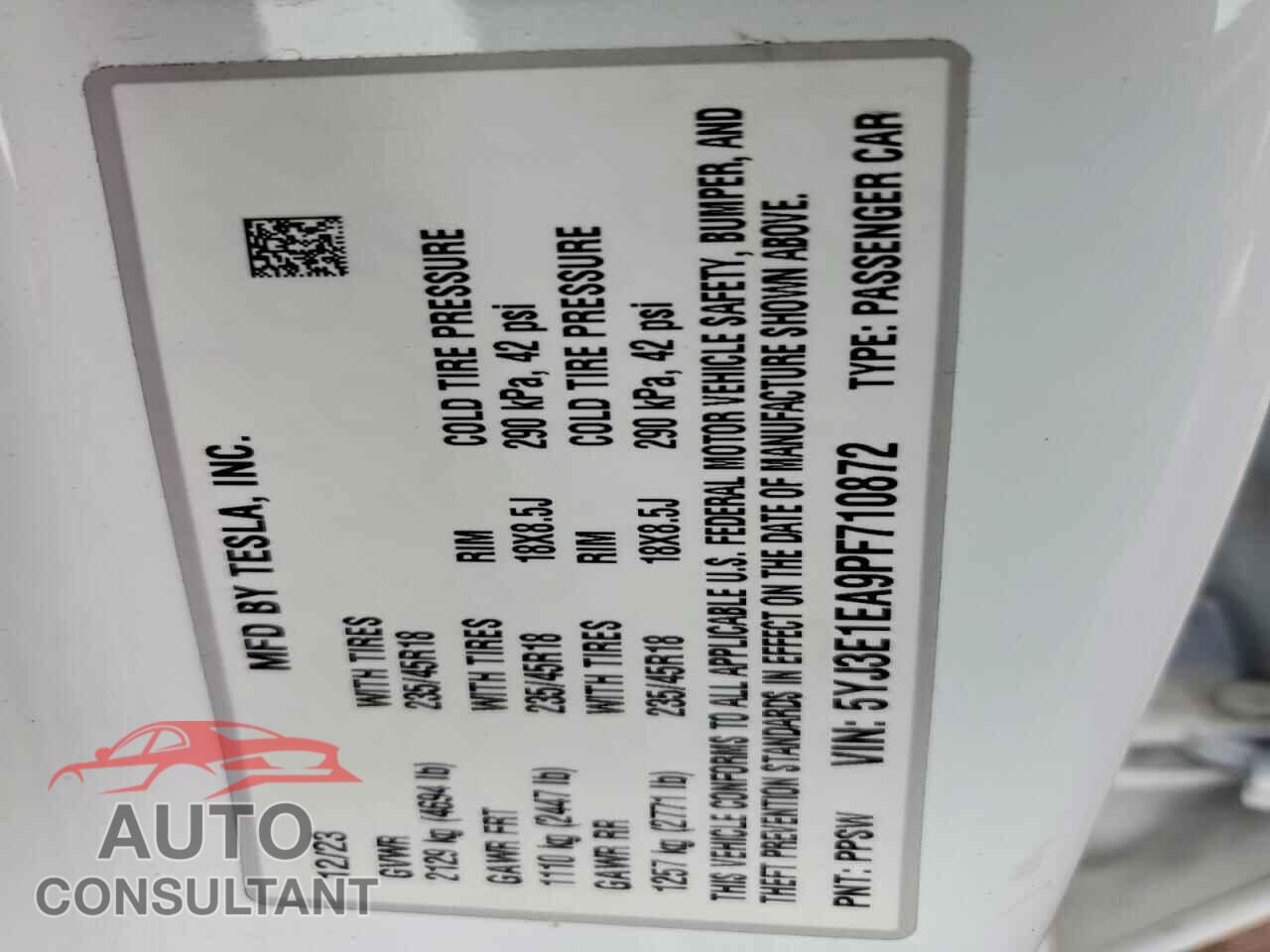 TESLA MODEL 3 2023 - 5YJ3E1EA9PF710872