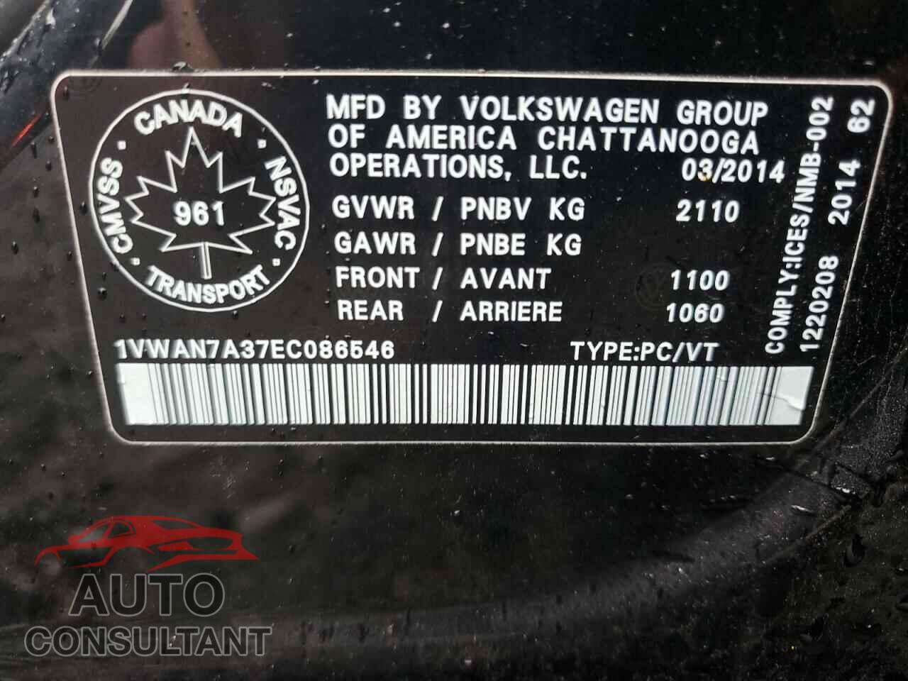 VOLKSWAGEN PASSAT 2014 - 1VWAN7A37EC086546