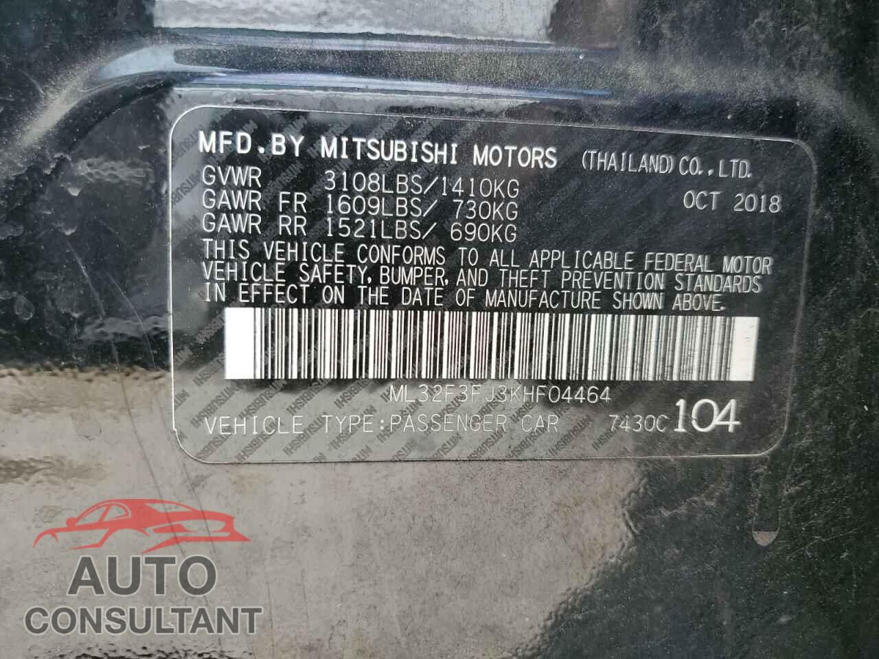 MITSUBISHI MIRAGE 2019 - ML32F3FJ3KHF04464