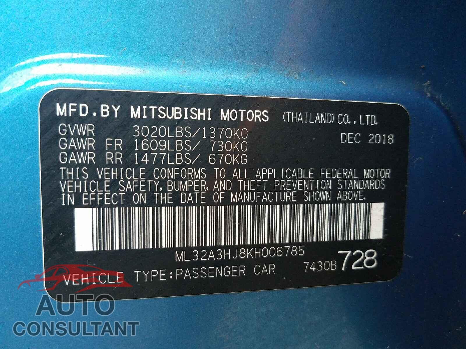 MITSUBISHI MIRAGE 2019 - ML32A3HJ8KH006785