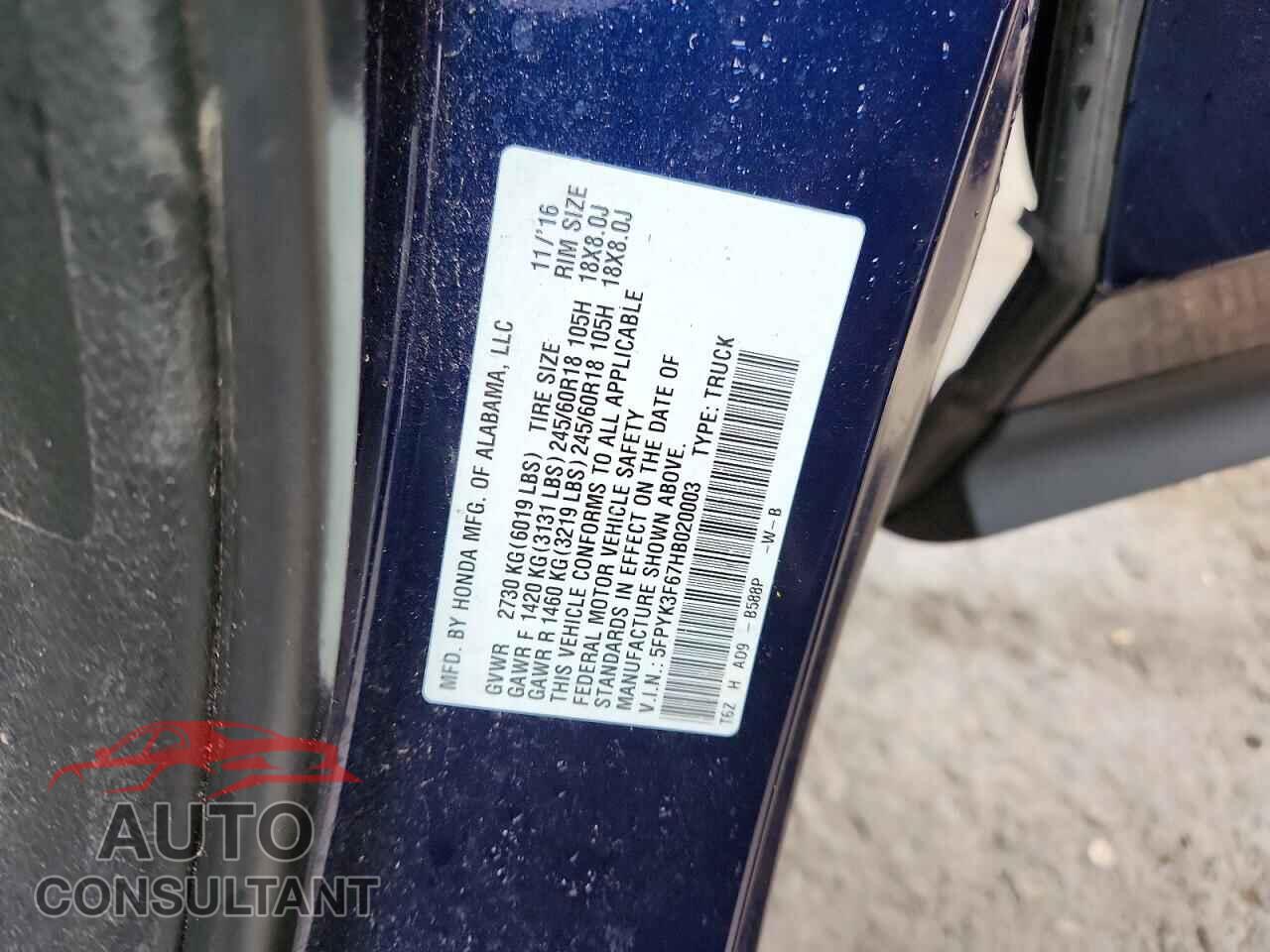 HONDA RIDGELINE 2017 - 5FPYK3F67HB020003