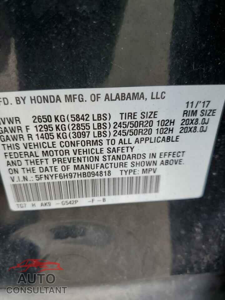 HONDA PILOT 2017 - 5FNYF6H97HB094818