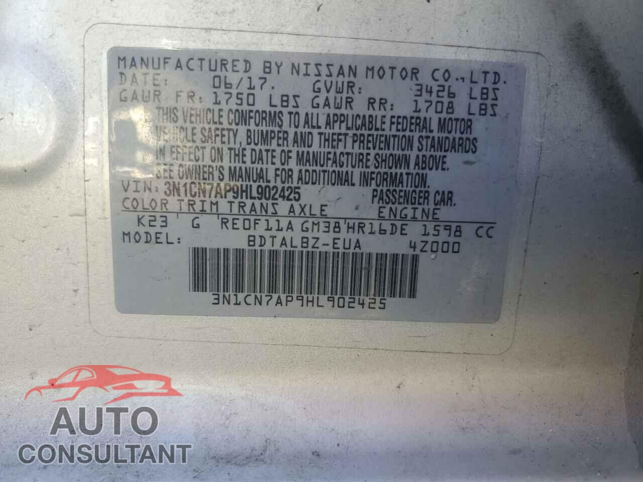 NISSAN VERSA 2017 - 3N1CN7AP9HL902425
