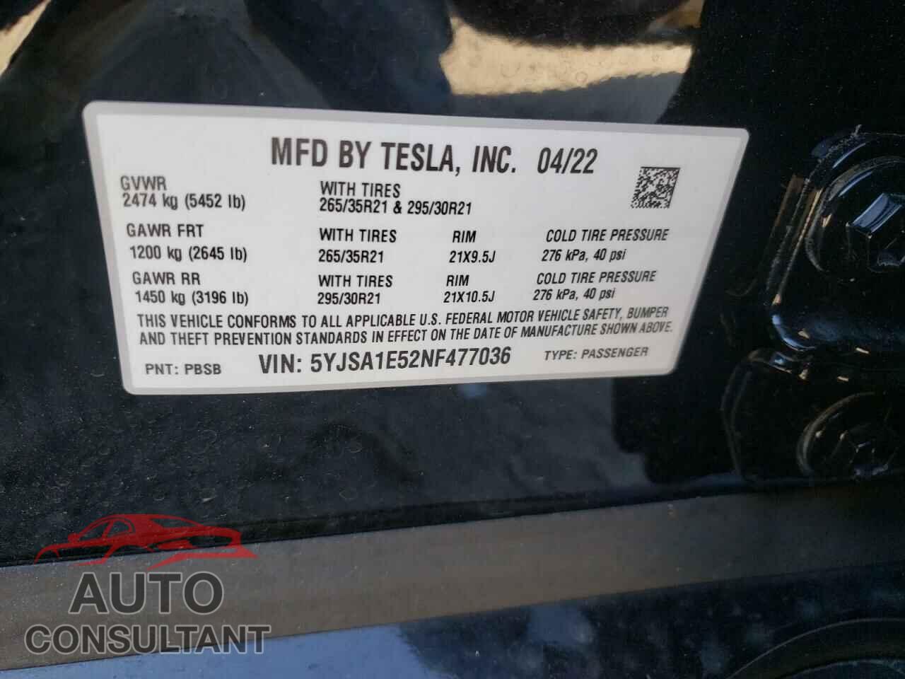 TESLA MODEL S 2022 - 5YJSA1E52NF477036