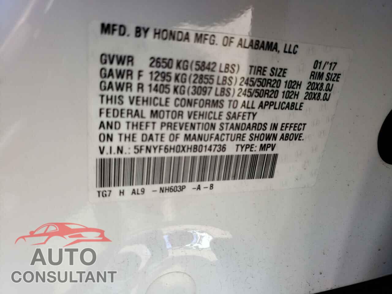 HONDA PILOT 2017 - 5FNYF6H0XHB014736