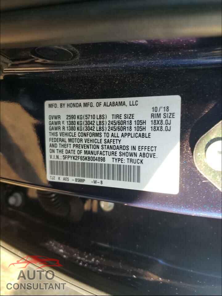 HONDA RIDGELINE 2019 - 5FPYK2F65KB004898