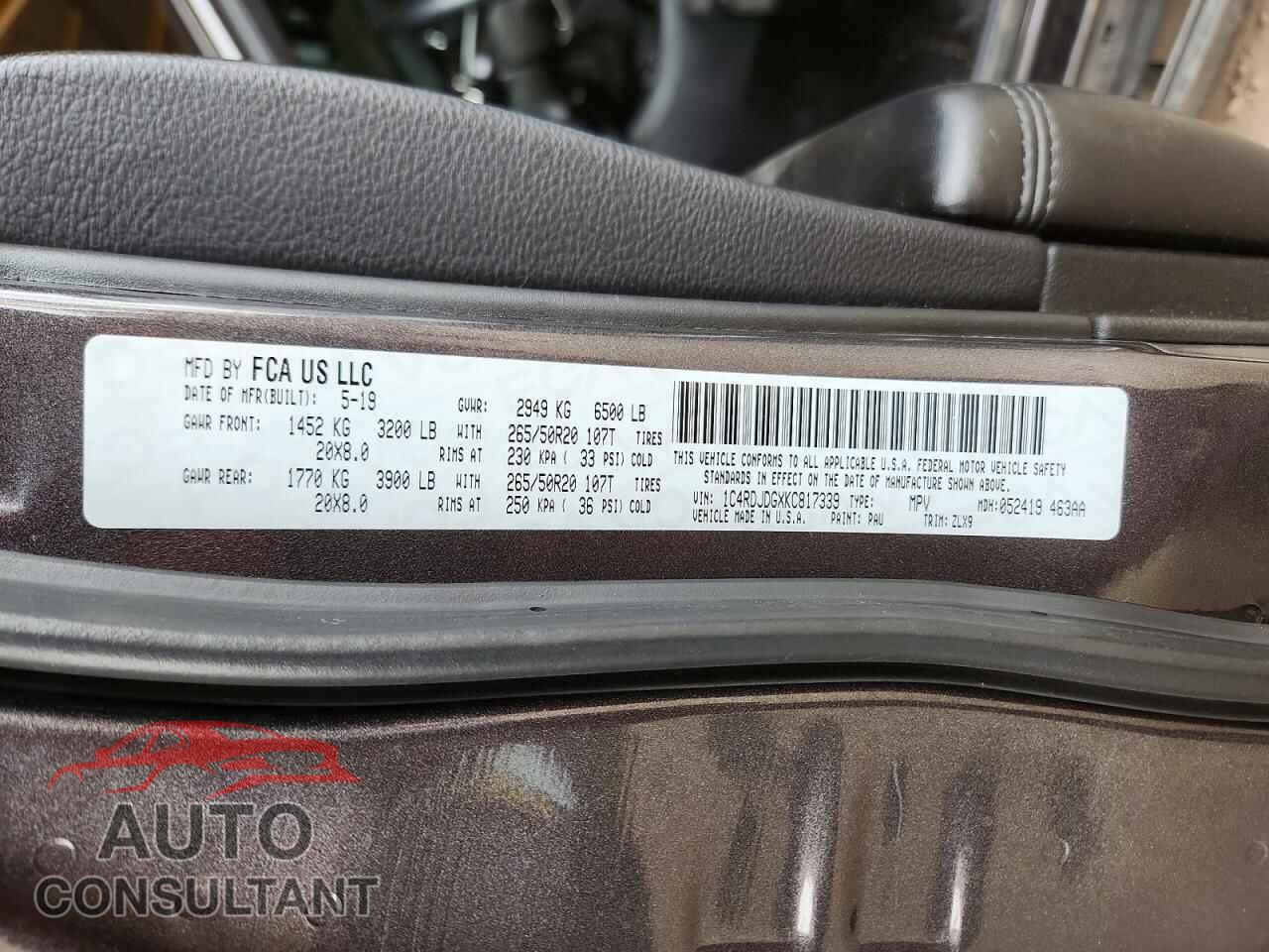 DODGE DURANGO 2019 - 1C4RDJDGXKC817339