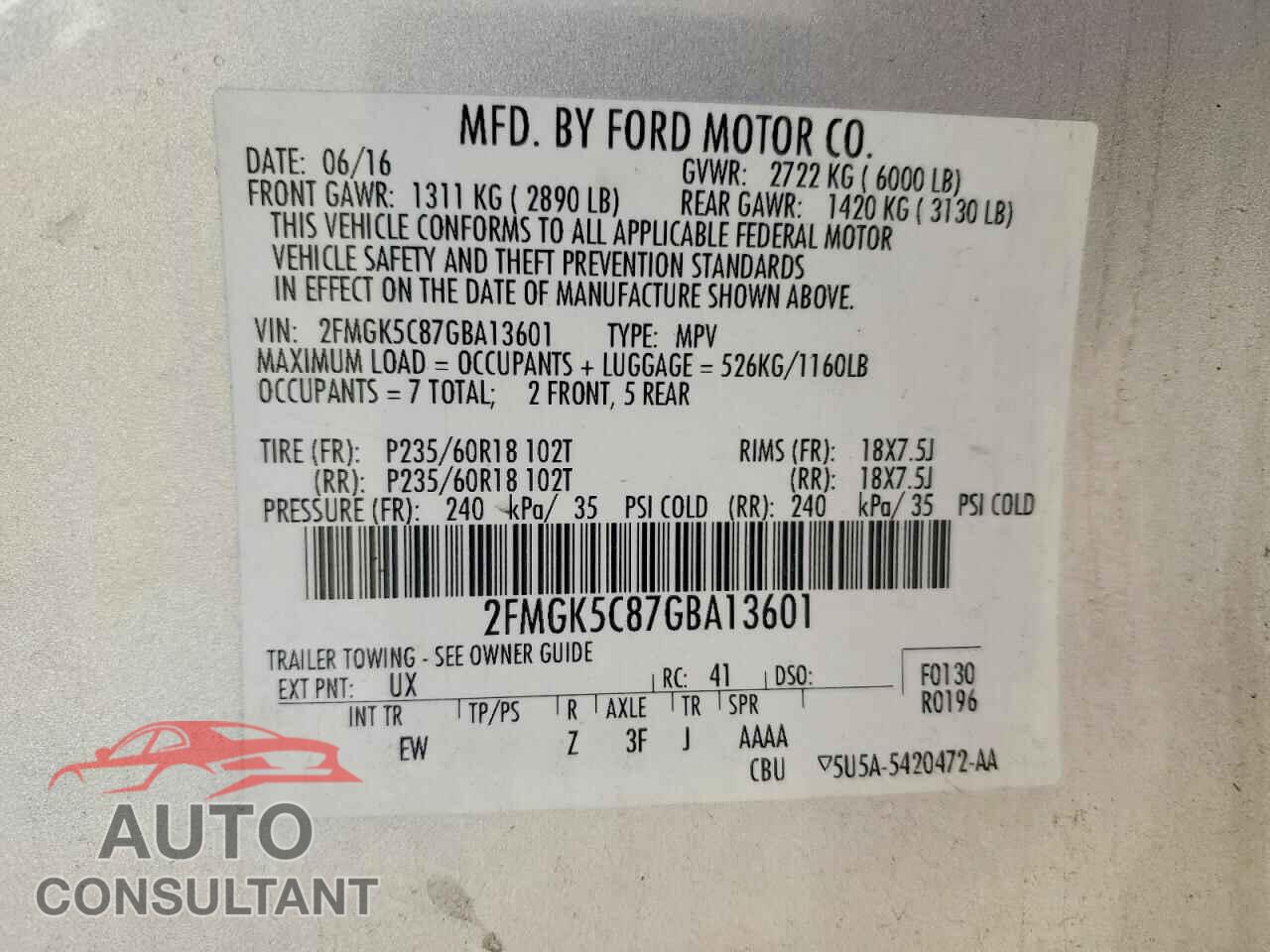 FORD FLEX 2016 - 2FMGK5C87GBA13601