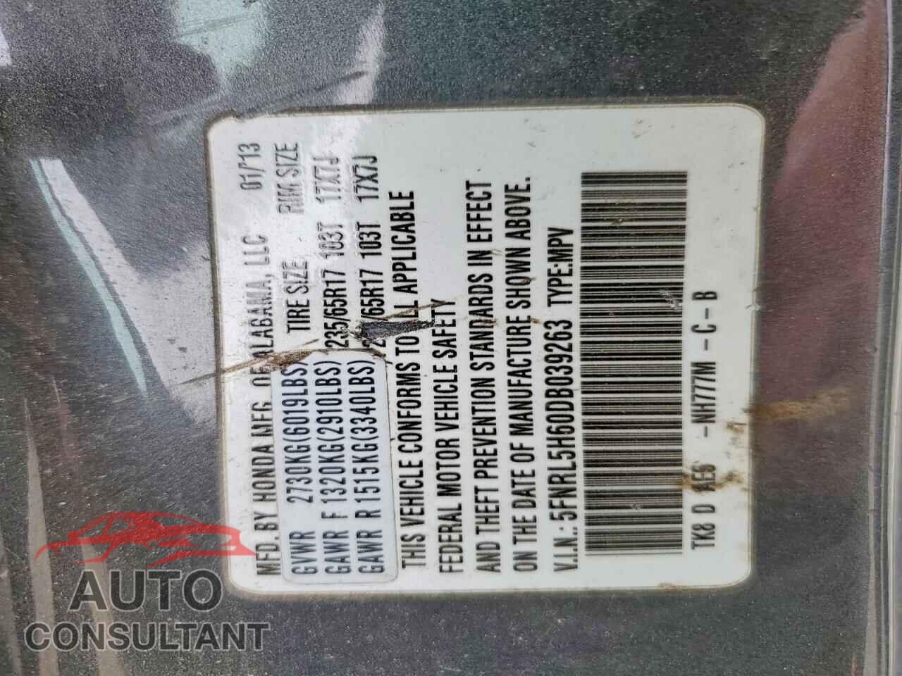 HONDA ODYSSEY 2013 - 5FNRL5H60DB039263