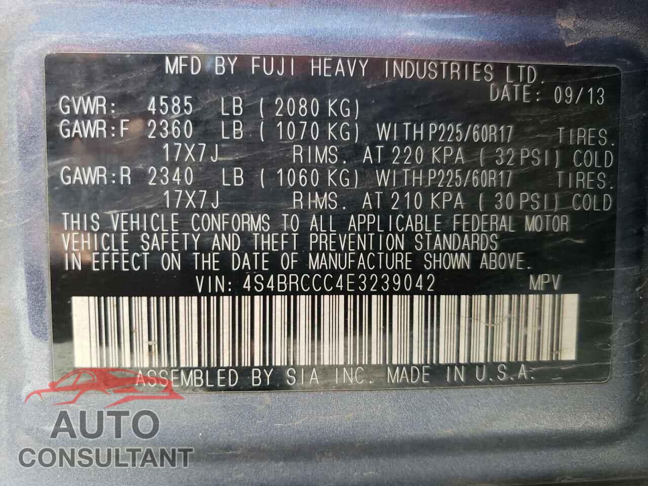 SUBARU OUTBACK 2014 - 4S4BRCCC4E3239042