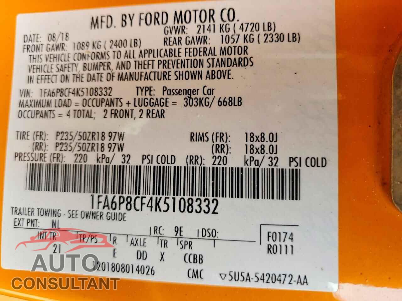 FORD MUSTANG 2019 - 1FA6P8CF4K5108332