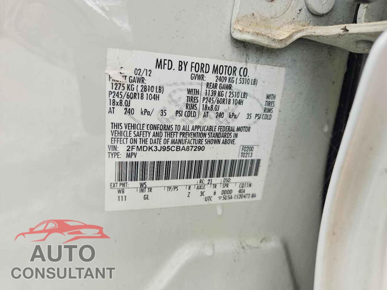 FORD EDGE 2012 - 2FMDK3J95CBA87290