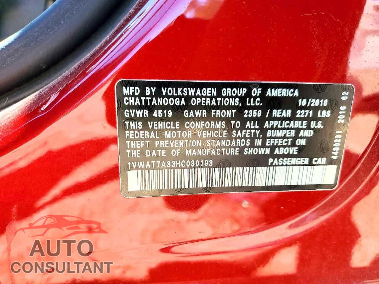 VOLKSWAGEN PASSAT 2017 - 1VWAT7A33HC030193