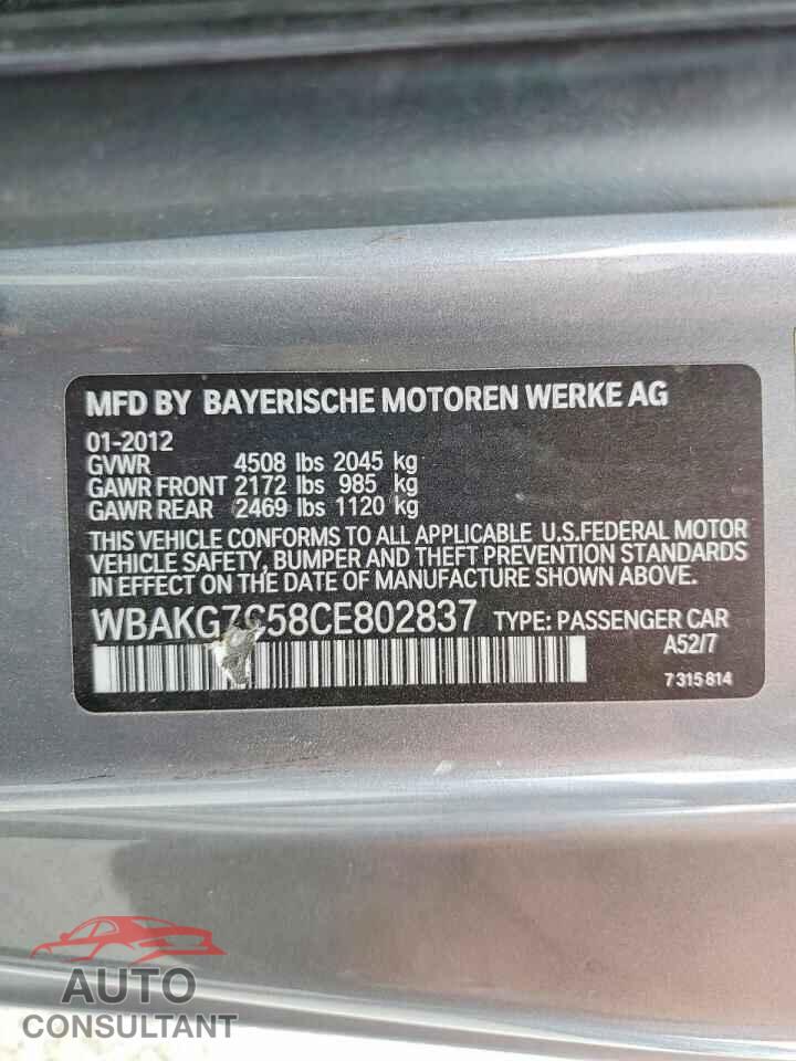 BMW 3 SERIES 2012 - WBAKG7C58CE802837