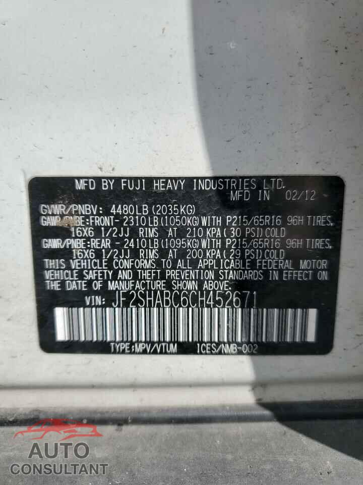 SUBARU FORESTER 2012 - JF2SHABC6CH452671