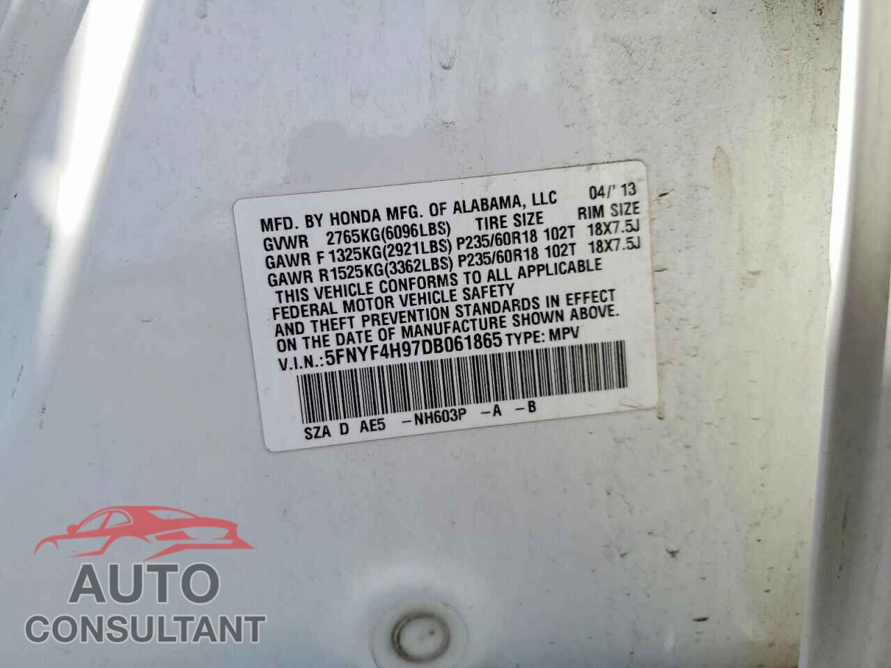 HONDA PILOT 2013 - 5FNYF4H97DB061865
