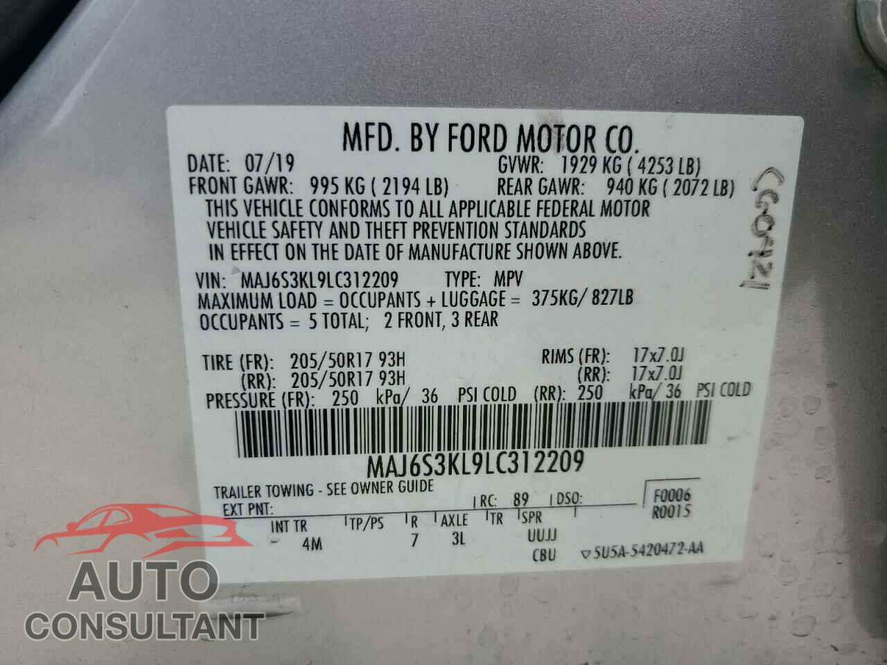 FORD ECOSPORT 2020 - MAJ6S3KL9LC312209